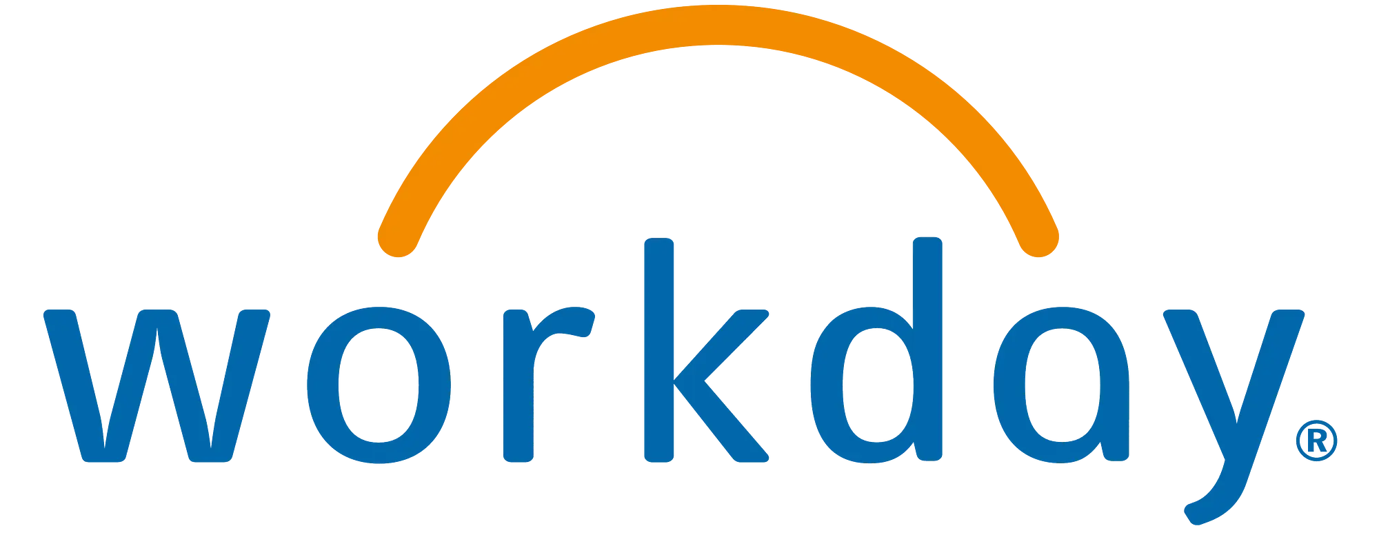The Workday logo in blue font with a yellow arc above it.